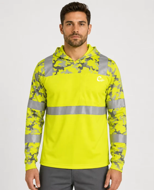 Custom Fishing Shirt Safety Quick dry UPF 50 HI VIS Long Sleeve Safety Shirt With Reflective Strips and Hoodie