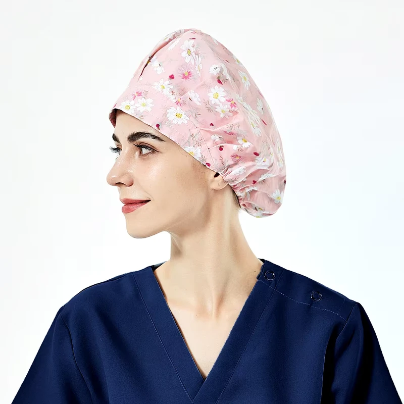 Custom Flower Cartoon Character Print Hospital Nurse Caps Satin Lined 100% Cotton Long Hair Head Cover Ponytail Scrub Hats