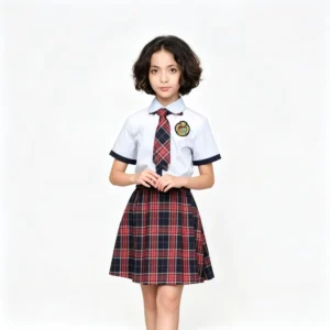 Custom Girls’ Primary Summer School Uniform Set with White Shirt, Plaid Pleated Skirt and Tie