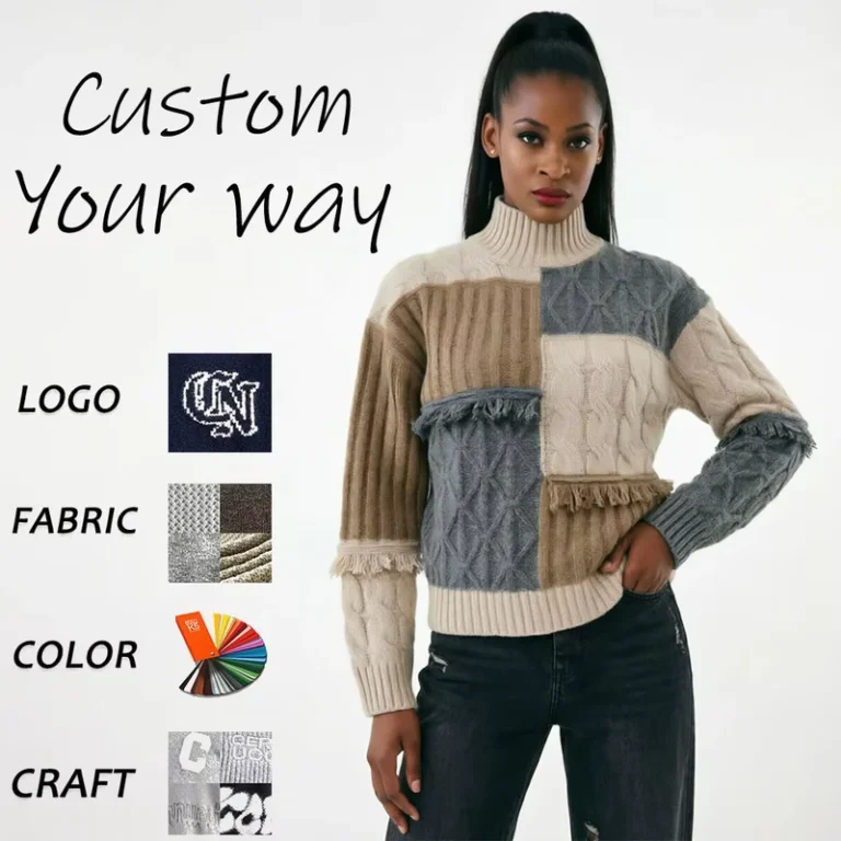 Custom-Grunge-Style-Ladies-Multi-Texture-Patchwork-Cable-Knit-Jumper-Fringe-Detail-High-Neck-Color-Block-Oversized-Sweater