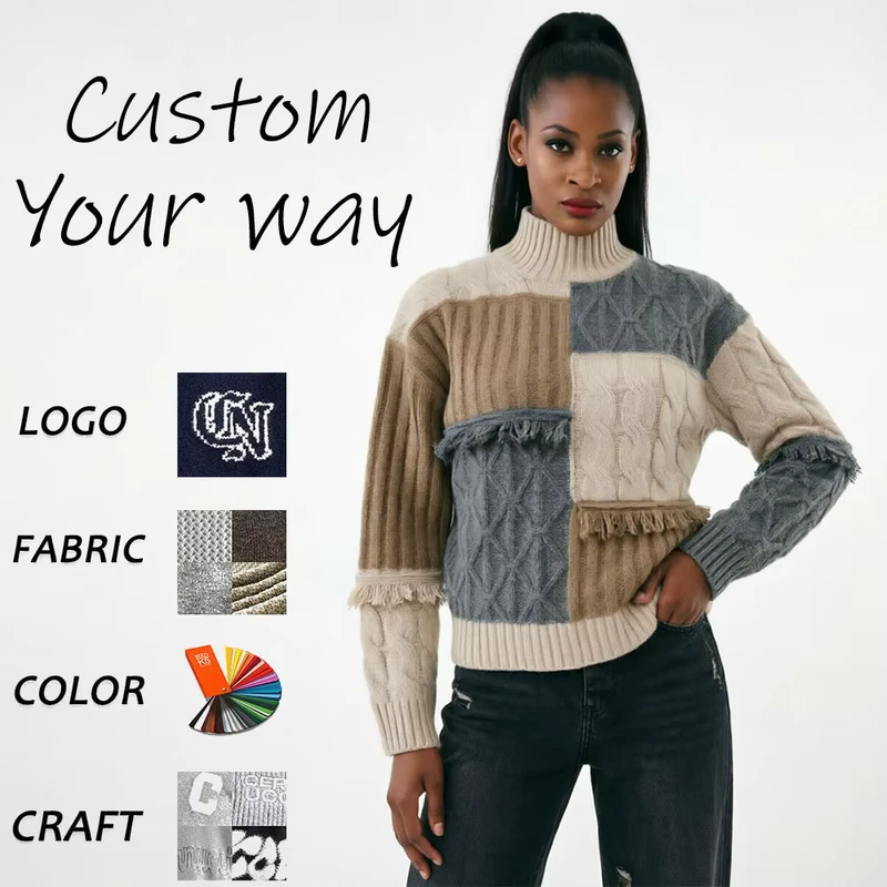 Custom Grunge Style Ladies Multi Texture Patchwork Cable Knit Jumper Fringe Detail High Neck Color Block Oversized Sweater