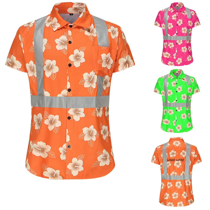 Custom Hawaiian Design Hi Vis Workwear Polo Shirt Safety Short Sleeve T shirt Sublimation Fluorescent Safety Shirts