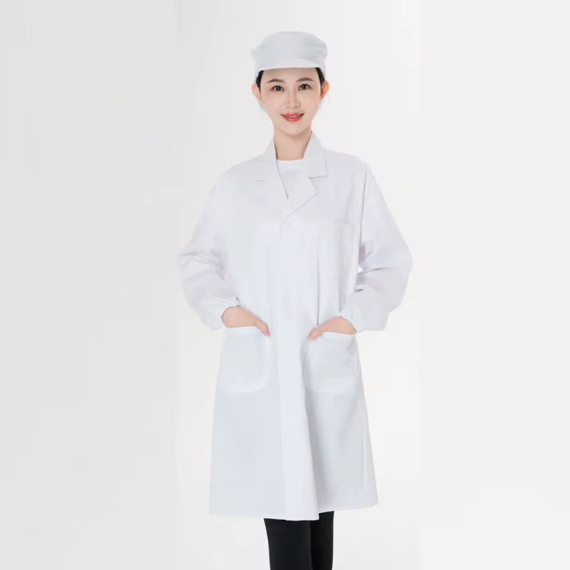 Custom Heat Transfer Printed Logo Lapel Robe Lab Outdoor Set Canteen Restaurant Food Chef Uniform White Cotton Polyester Twill