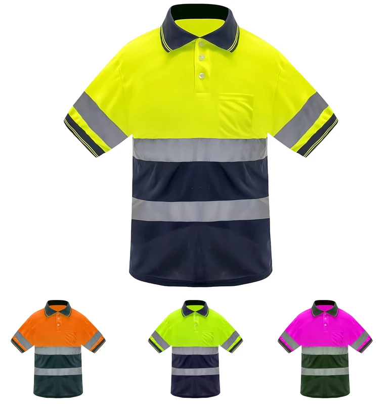 Custom Hi Vis Class 2 Safety Polo Shirt Yellow Navy Reflective Work Shirt with Pocket High Visibility Construction Wear
