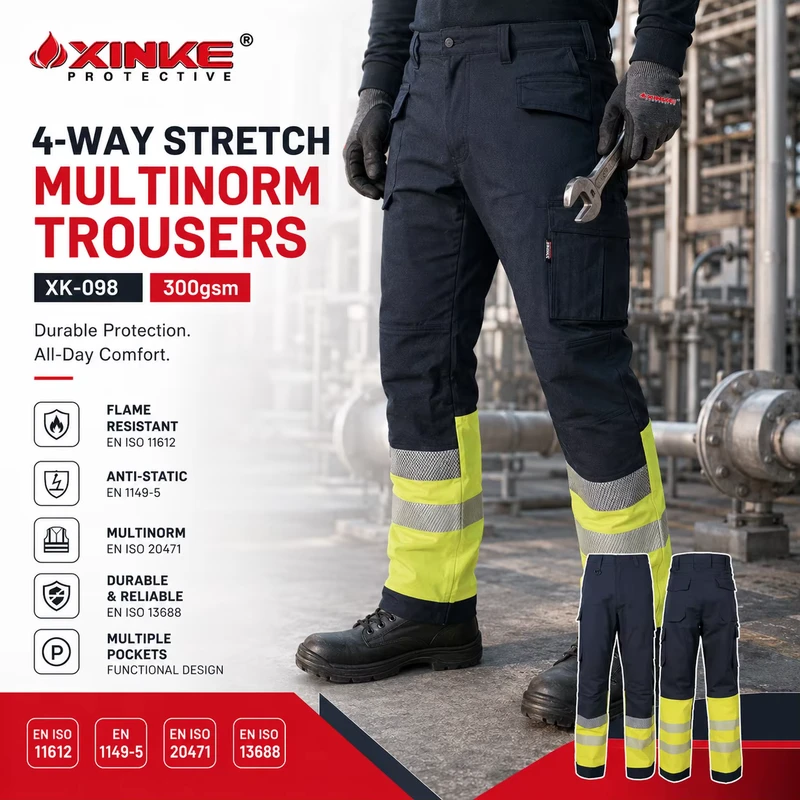 Custom Hi Vis Flame Resistant Work Pants Multinorm FR Anti Static Reflective Safety Pants 4 Way Stretch Trousers