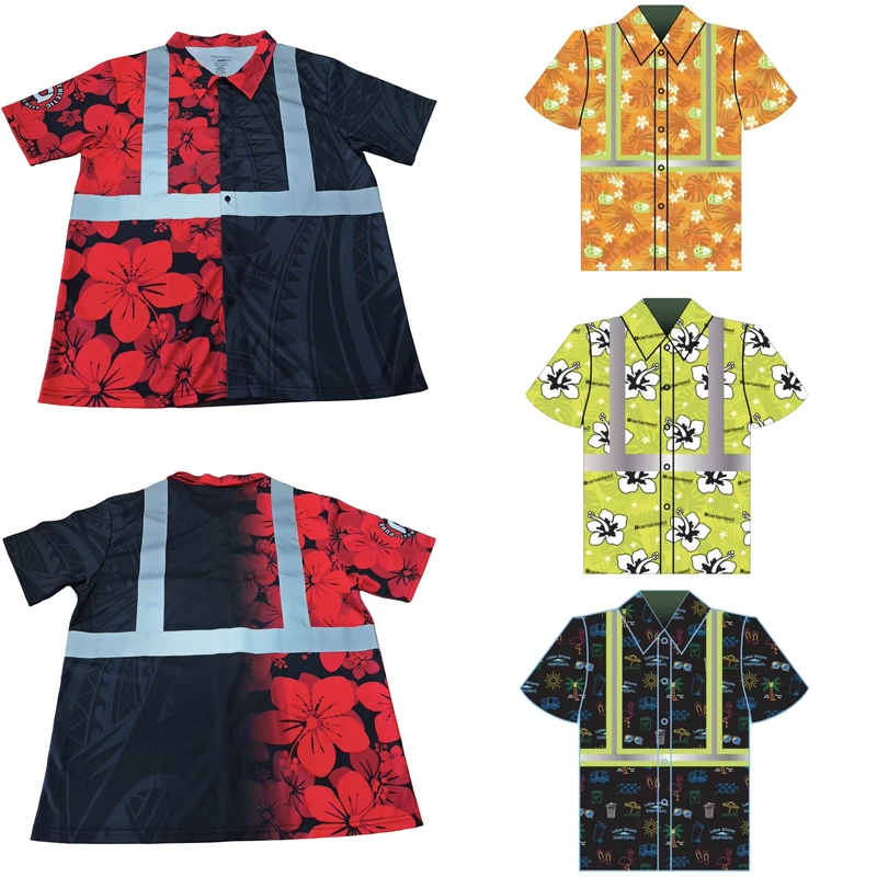 Custom Hi Vis Hawaii Polo Shirt Full Button Reflective Safety Workwear Polo Shirt Custom Printed Pattern Flower Shirts
