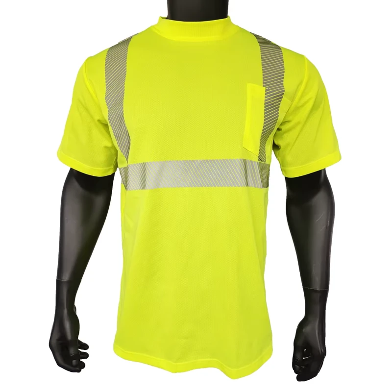 Custom Hi Vis Polyester Quick Dry High Visibility Short Sleeve Crew Neck Printed Reflective Strips Safety Shirt