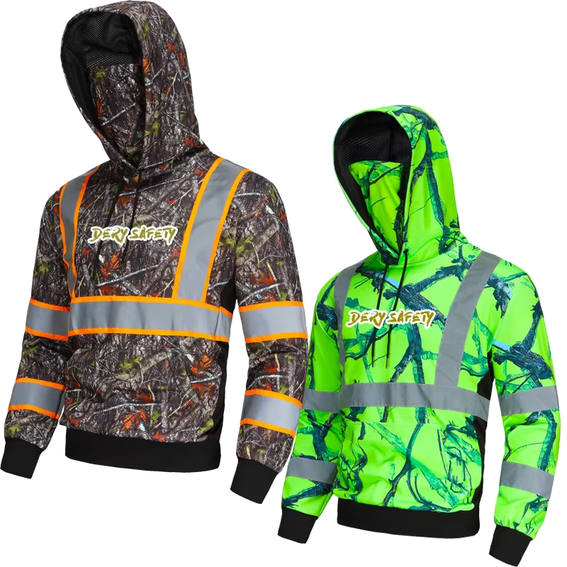 Custom Hi Vis Reflective Camo Hoodie Safety Jacket with Mask Fluorescent Workwear Hooded Sweatshirt