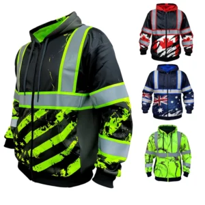 Custom Hi Vis Reflective Zip up Safety Hoodie American Flag Camo High Visibility Workwear Fleeced Jacket