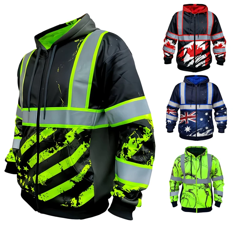 Custom Hi Vis Reflective Zip up Safety Hoodie American Flag Camo High Visibility Workwear Fleeced Jacket