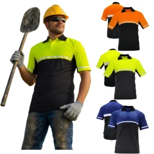 Custom Hi Vis Safety Polo Shirt With Reflective Tape Quick Dry Two Tone Black Bottom High Visibility Workwear For Construction