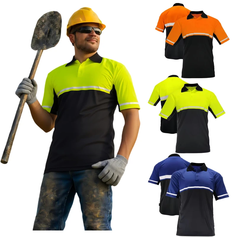 Custom Hi Vis Safety Polo Shirt With Reflective Tape Quick Dry Two Tone Black Bottom High Visibility Workwear For Construction