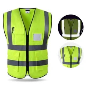 Custom Hi Vis Security Unisex Workwear Sleeveless Green Strips High Visibility Reflective Safety Vest