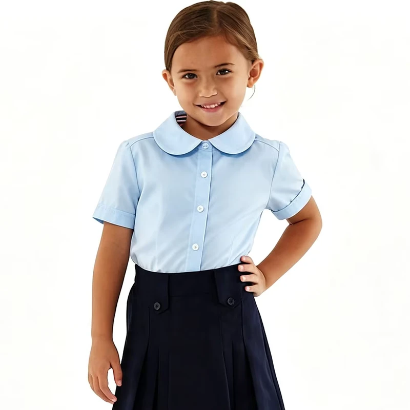 Custom High Primary Kindergarten School Uniform White Shirts Short Sleeve Modern Peter Pan Collar Blouse Kids Girl School Shirts