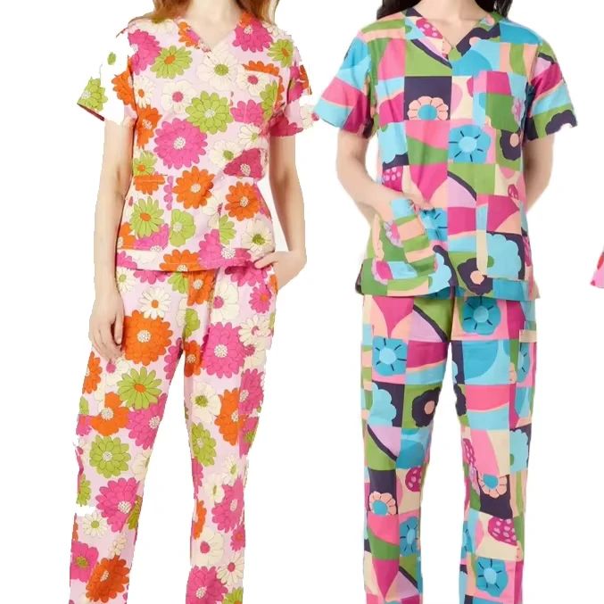 Custom High Quality Cartoon Printed Soft Scrubs Medical Unisex Nursing Doctor Scrub Tops Multiple Available