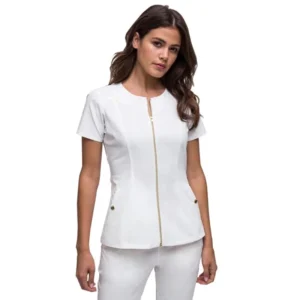 Custom High Quality White Women’s SPA Salon Uniform Nurse Beautician Tunics Polyester Rayon Polyester Cotton Fabric