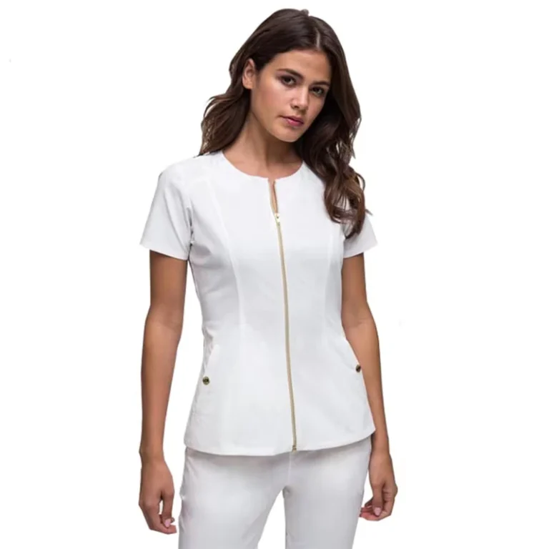 Custom-High-Quality-White-Womens-SPA-Salon-Uniform-Nurse-Beautician-Tunics-Polyester-Rayon-Polyester-Cotton-Fabric