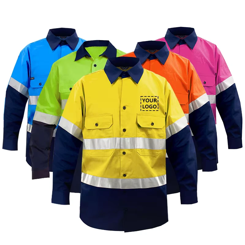 Custom High Reflective Safety Workwear Mechanic Construction T-Shirt Orange Long Sleeve Men Work Shirt