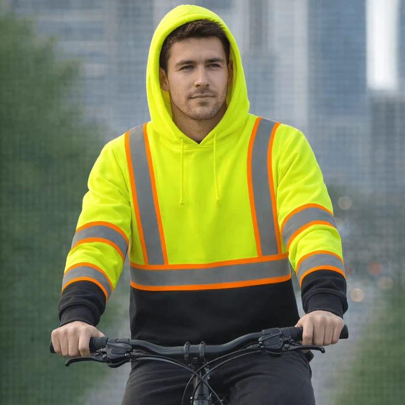 Custom High-Visibility ANSI Class 2 Fleece Reflective Safety Hoodie for Men, Neon Yellow and Black