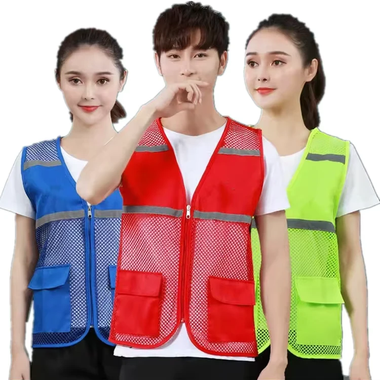 Custom High Visibility Mesh Reflective Safety Vest with Zipper Pocket for Construction and Security Work