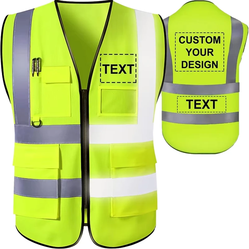 Custom High Visibility Reflective Safety Vest Men Polyester Material Mesh Featuring Logo Pockets Construction Security Workwear