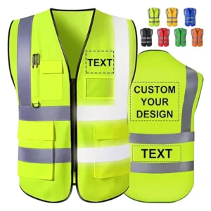 Custom High Visibility Reflective Safety Vest Men Polyester Material Mesh Featuring Logo Pockets Construction Security Workwear