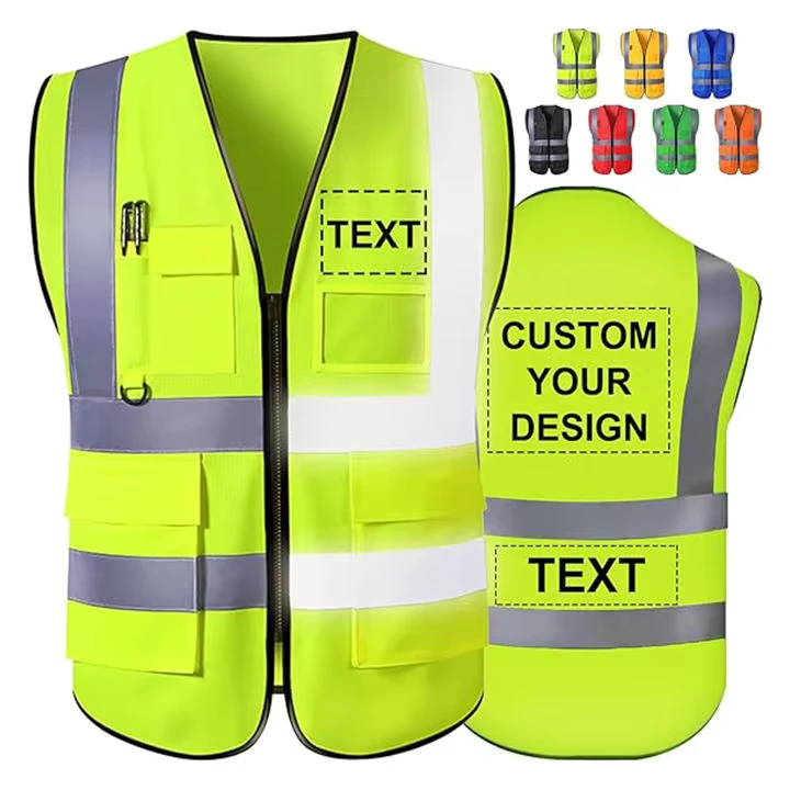 Custom High Visibility Reflective Safety Vest Men Polyester Material Mesh Featuring Logo Pockets Construction Security Workwear