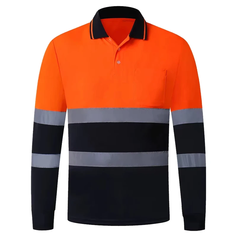 Custom High Visibility Safety Unisex Long Sleeve Reflective Polyester Polo Shirt Yellow Orange