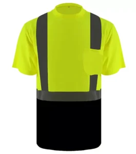 Custom High Visibility Short Sleeve T Shirt Fluorescent Color and Black Contrast Polyester Safety Shirt