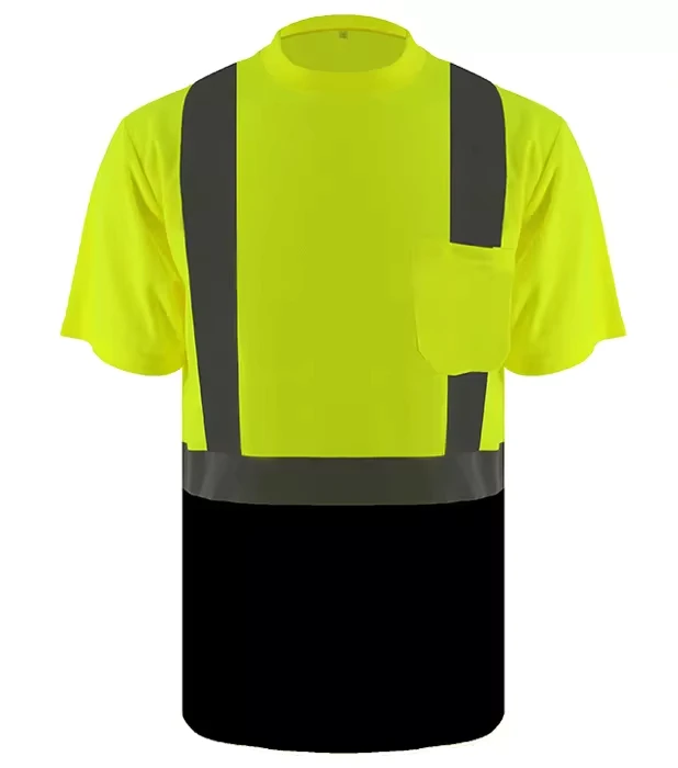 Custom High Visibility Short Sleeve T Shirt Fluorescent Color and Black Contrast Polyester Safety Shirt