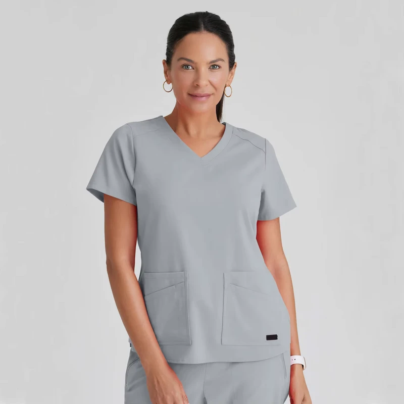 Custom Hospital Uniforms Nurse Scrub Tops Short Sleeve Nursing Uniforms 4 Pocket V Neck Scrub Top