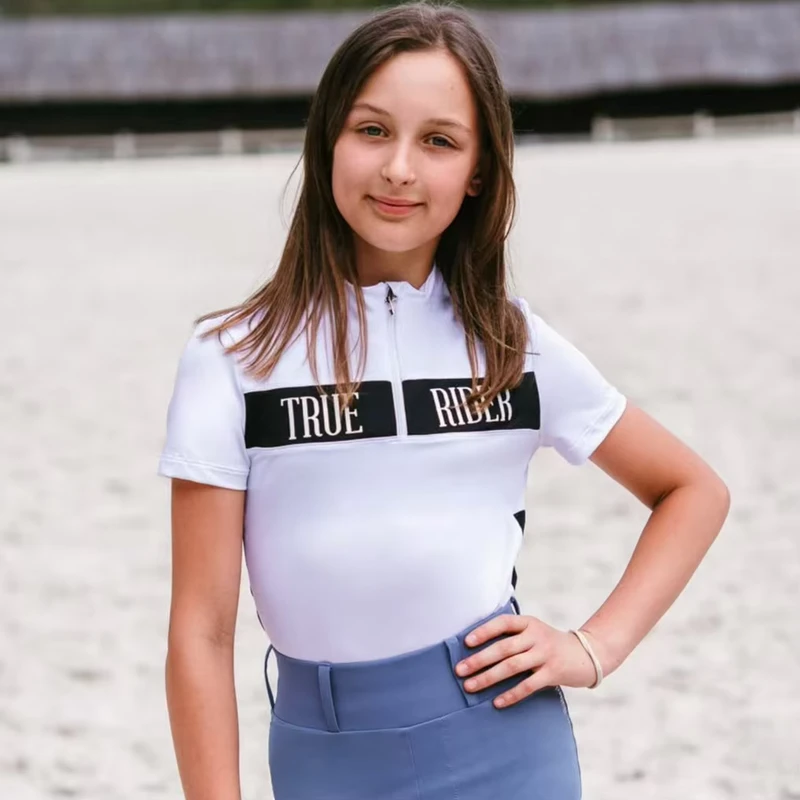 Custom Kids Equestrian Competition Short Sleeve Quarter Zip Color Block Breathable Anti-slip Children Riding Outfit