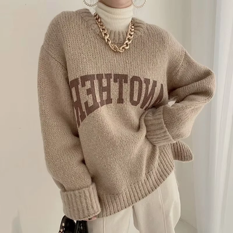 Custom Knit Sweater Women Intarsia Jacquard Letter Jumper Ladies Knitwear Crew Neck Drop Shoulder Knit Sweaters for Women