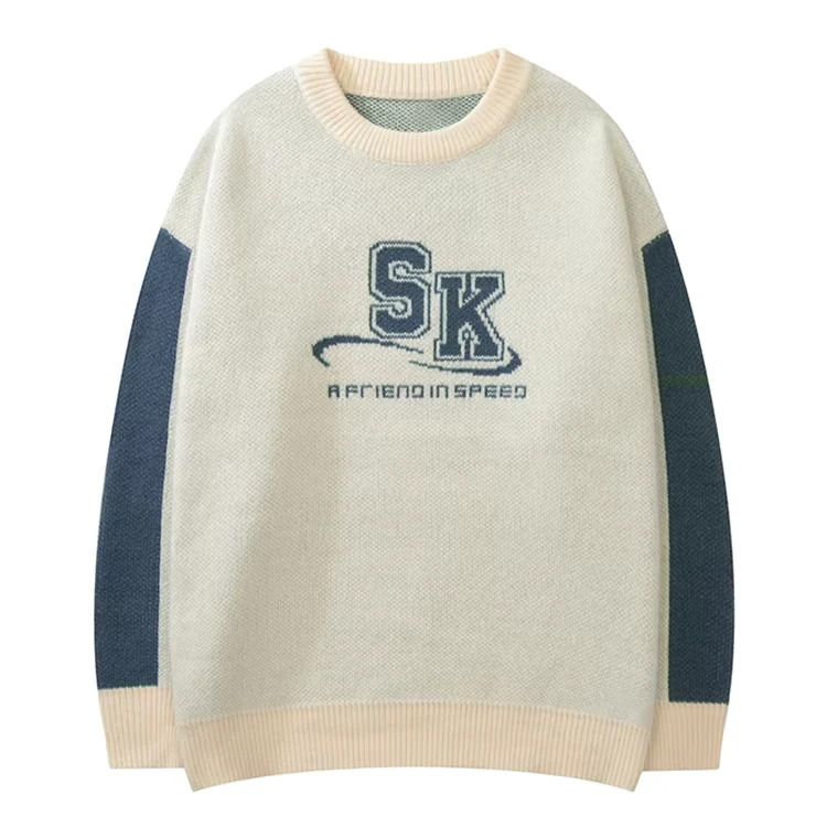Custom Knitwear OEM & ODM Men Sweaters Jacquard Letter Pullover Knitwear Crew Neck Cotton Knit Sweater