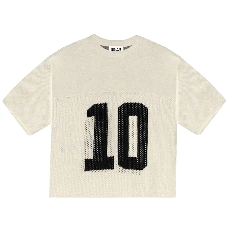 Custom LOGO Men Sweater Casual Crew Neck Knitted Top Short Sleeve Knitwear Pullover Football Jumper Mesh Knit Jersey Sweater Men