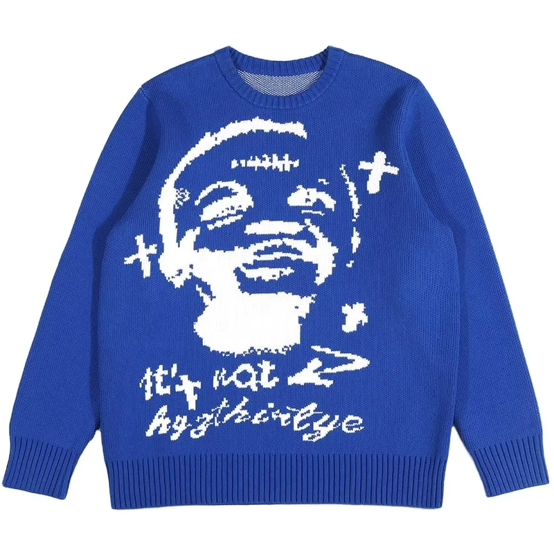 Custom LOGO Men Sweater Jacquard Pattern Knitwear Crew Neck Pullover Casual Graphic Jumper Winter Cotton Custom Knitted Sweater