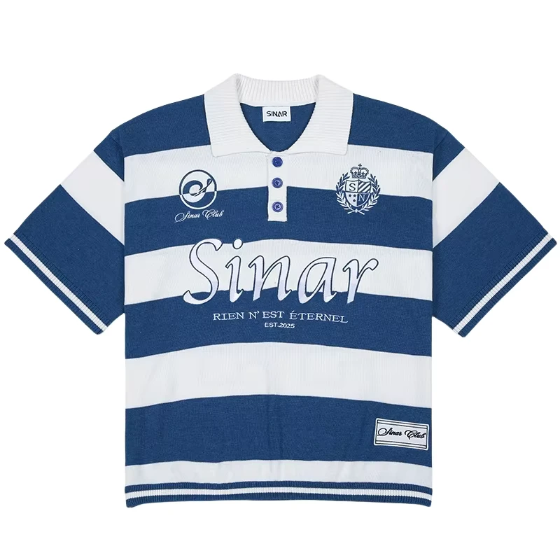 Custom LOGO Men Sweater OEM Short Sleeve Casual Knitwear Football Stripe Jumper Polo Shirts Knit Top Knitted Jersey Sweater Men