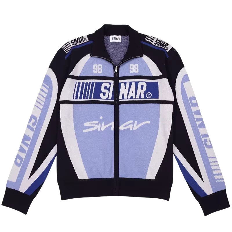Custom LOGO Men Sweater OEM Winter Casual Design Pattern Knitwear Zip up Jumper Knitted Track Coat Vintage Racing Sweater Men