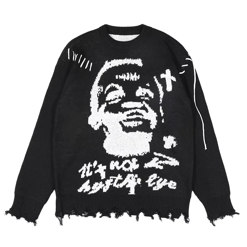 Custom LOGO OEM Men Sweater Manufacturer Jacquard Pattern Distressed Knitwear Winter Casual Jumper Pullover Knitted Sweater Men