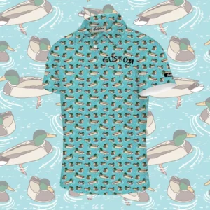 Custom Logo 4 Way Stretch Performance Duck Pattern Print Men’s 92% Polyester 8% Spandex Golf Polo T Shirts