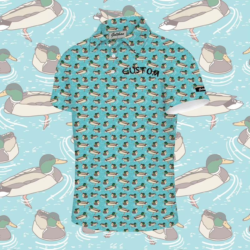 Custom Logo 4 Way Stretch Performance Duck Pattern Print Men's 92% Polyester 8% Spandex Golf Polo T Shirts
