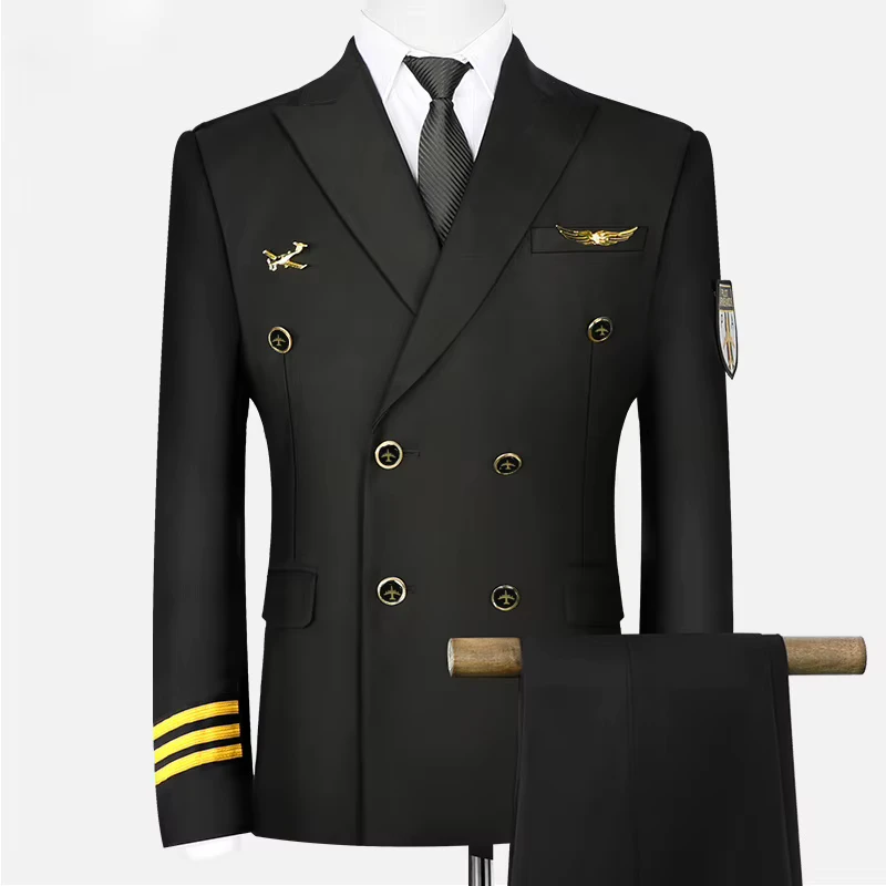 Custom Logo Airline Captain Staff Work Clothes White Airline Pilot Shirts Uniforms Sets for Mens