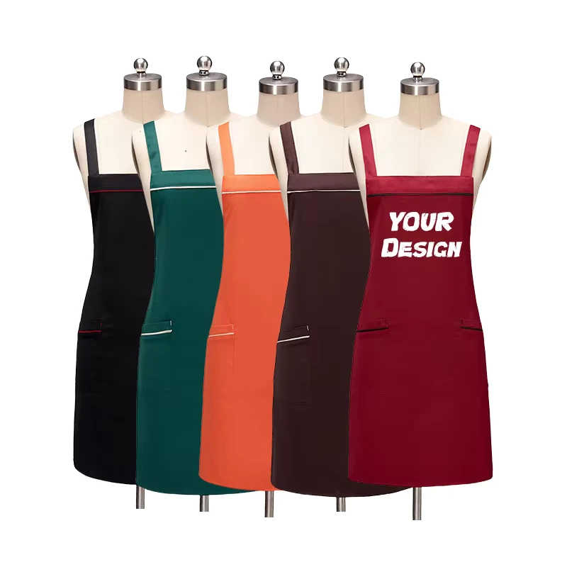 Custom Logo Black White or Pink Polyester Cotton Chef Apron with Pocket