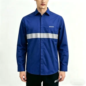 Custom Logo Blue Hi Vis Reflective Work Shirt 65 Cotton 35 Polyester Anti Static Long Sleeve Staff Uniform with Brand Printing