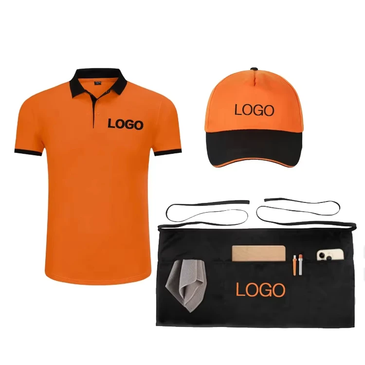 Custom Logo Breathable Polo T-Shirt for Fast Food and Hot Pot Wait Staff Restaurant and Bar Uniform with Apron and Hat