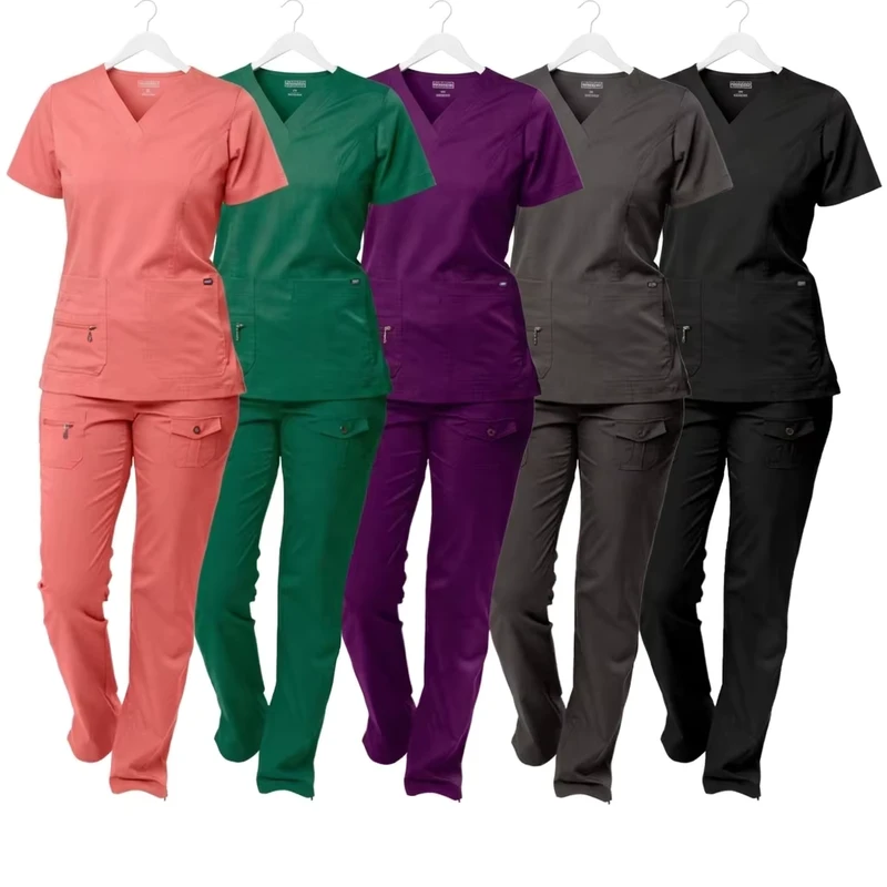 Custom Logo Breathable Terry Woven Nursing Scrubs Set Seamless Fusing Hospital Uniforms Unisex Polyester Rayon Needle