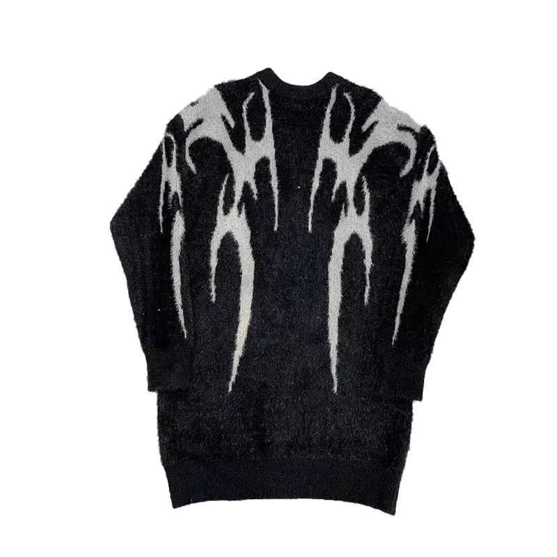 Custom Logo Brushed Mohair Wool Knitting Jacquard Fuzzy Knitted Men Pullover Jacket Fuzzy Mohair Blend Sweater Men's Sweater