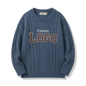 Custom Logo Cable Knit Men Sweater Wool Blend Crewneck Pullover Winter Heavyweight Warm Knitwear Embroidery Patch OEM