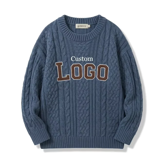 Custom-Logo-Cable-Knit-Men-Sweater-Wool-Blend-Crewneck-Pullover-Winter-Heavyweight-Warm-Knitwear-Embroidery-Patch-OEM