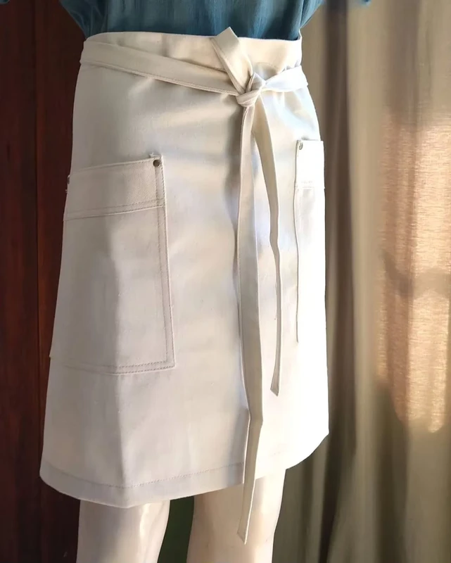 Custom Logo Cotton Linen Restaurant Server Waist Half Apron with Pockets